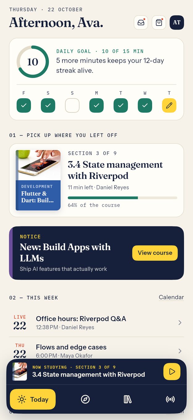 The Learnova app: the Today page